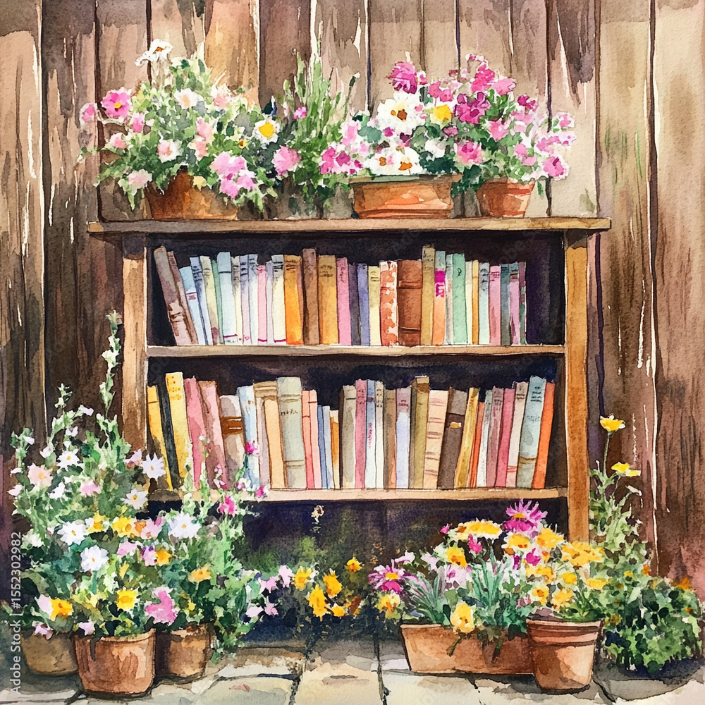 Fototapeta premium Wooden bookshelf with colorful books and flowers in pots outdoors