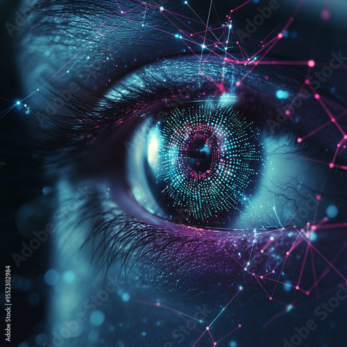 Closeup of human eye with digital data visualization in neon colors  