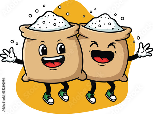 Two happy sacks of rice cartoon character smiling and hugging with joyful expressions vector illustration 