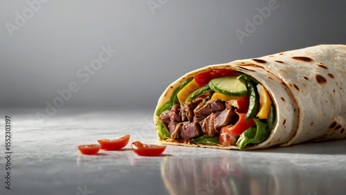 Juicy shawarma with grilled meat, salad, and sauce on a bright white surface. Minimal style.