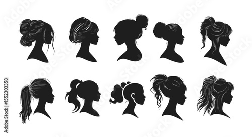 Diverse hairstyles showcased in detailed silhouette designs for beauty and fashion inspiration featuring girls and women.