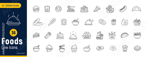 Foods line icon set, fast foods outline icon, editable stroke, pixel perfect, isolated on a white background