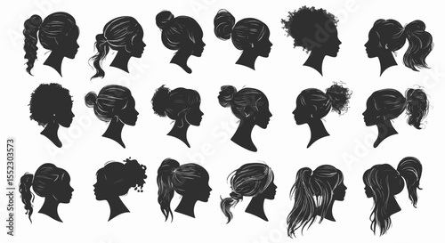 Artistic silhouette compilation displays diverse female hairstyles in sleek black designs offering a fashion forward statement.