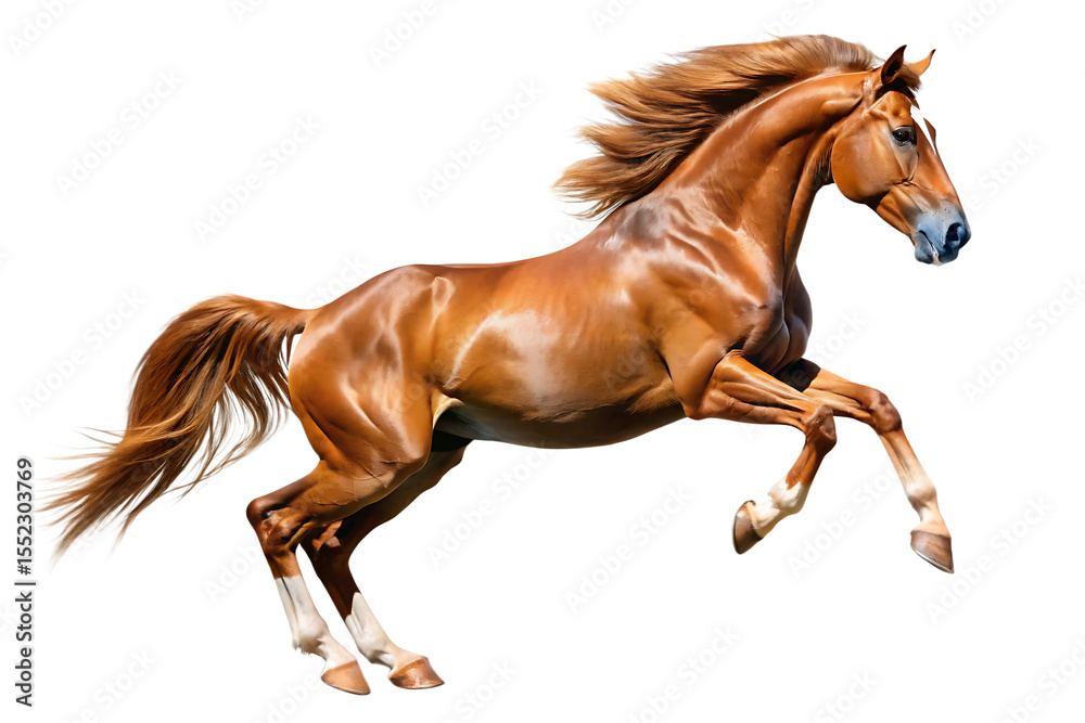 Obraz premium Chestnut horse with flowing mane and tail captured mid-leap against a black background isolated on a transparent background