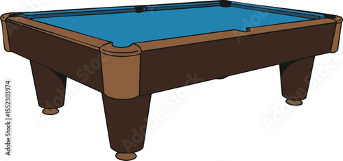 Pool table with blue felt surface and brown wooden frame vector illustration for leisure and hobby activities 