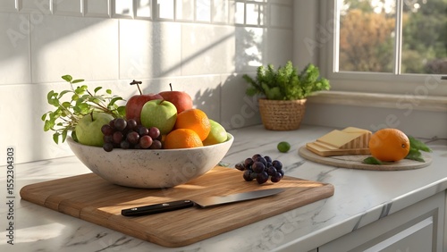 Wallpaper Mural Bright Kitchen Countertop with Bowl of Fresh Fruits and Cheese in Natural Light Torontodigital.ca