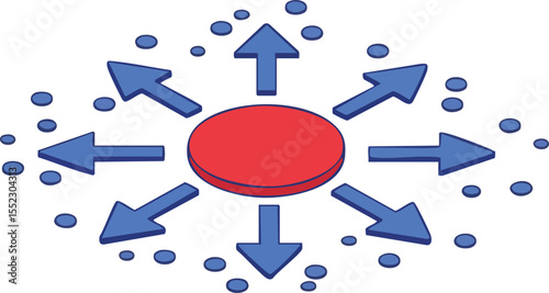 Central red circle with blue arrows pointing outward vector illustration representing distribution and expansion concepts 