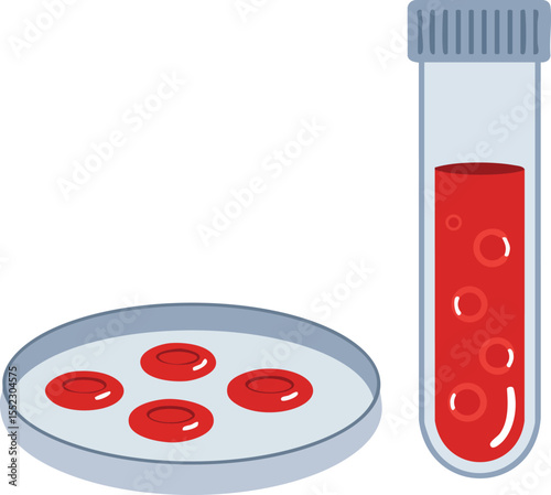 Blood sample test tube and petri dish with red blood cells vector illustration for medical laboratory research and analysis