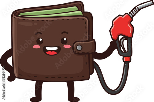 Cartoon wallet character holding red fuel gas pump nozzle smiling vector illustration design 