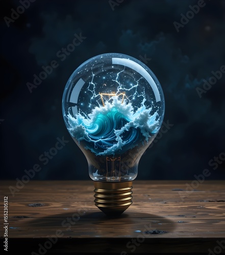 The Genesis Bulb: A giant, vintage lightbulb sits on a desk, its filament replaced by a miniature, hyper-realistic, tempestuous ocean with flashing lightning.
