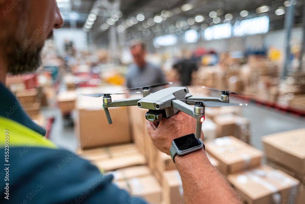 Obraz premium Technician operates drones in a warehouse setting for logistics and inventory management