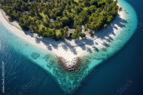 Tropical paradise island in the middle of the turquoise ocean. Aerial view of exotic island with white sandy beach, palm trees, and crystal clear water. Dream vacation destination for travel, nature, 