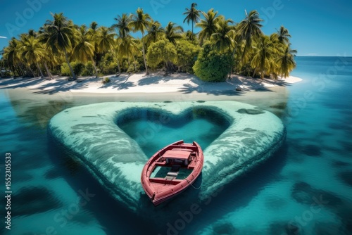 Tropical paradise island in the middle of the turquoise ocean. Aerial view of exotic island with white sandy beach, palm trees, and crystal clear water. Dream vacation destination for travel, nature, 