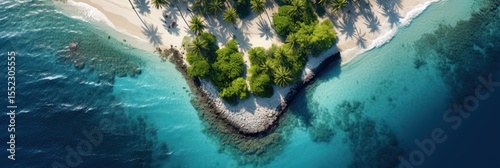 Tropical paradise island in the middle of the turquoise ocean. Aerial view of exotic island with white sandy beach, palm trees, and crystal clear water. Dream vacation destination for travel, nature, 