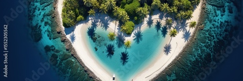 Tropical paradise island in the middle of the turquoise ocean. Aerial view of exotic island with white sandy beach, palm trees, and crystal clear water. Dream vacation destination for travel, nature, 