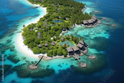 Tropical paradise island in the middle of the turquoise ocean. Aerial view of exotic island with white sandy beach, palm trees, and crystal clear water. Dream vacation destination for travel, nature, 