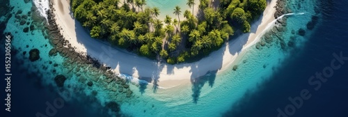 Tropical paradise island in the middle of the turquoise ocean. Aerial view of exotic island with white sandy beach, palm trees, and crystal clear water. Dream vacation destination for travel, nature, 
