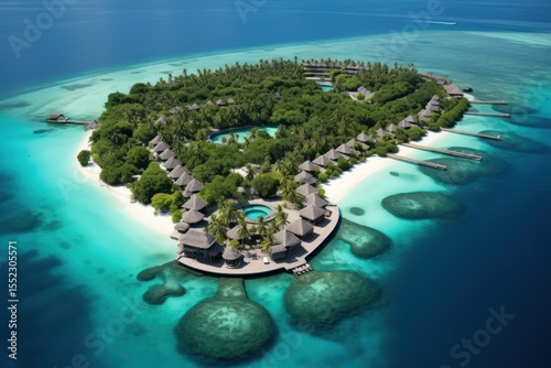 Tropical paradise island in the middle of the turquoise ocean. Aerial view of exotic island with white sandy beach, palm trees, and crystal clear water. Dream vacation destination for travel, nature, 