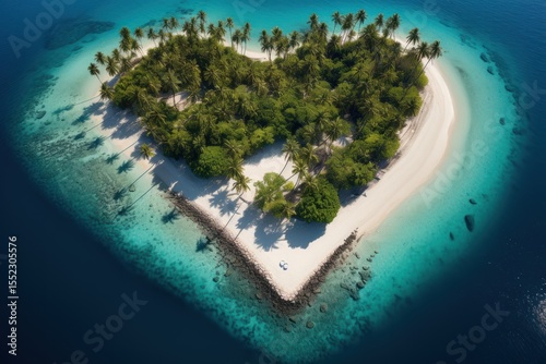 Tropical paradise island in the middle of the turquoise ocean. Aerial view of exotic island with white sandy beach, palm trees, and crystal clear water. Dream vacation destination for travel, nature, 