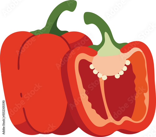 Red bell pepper vegetable fresh whole and half cut with seeds illustration vector image 