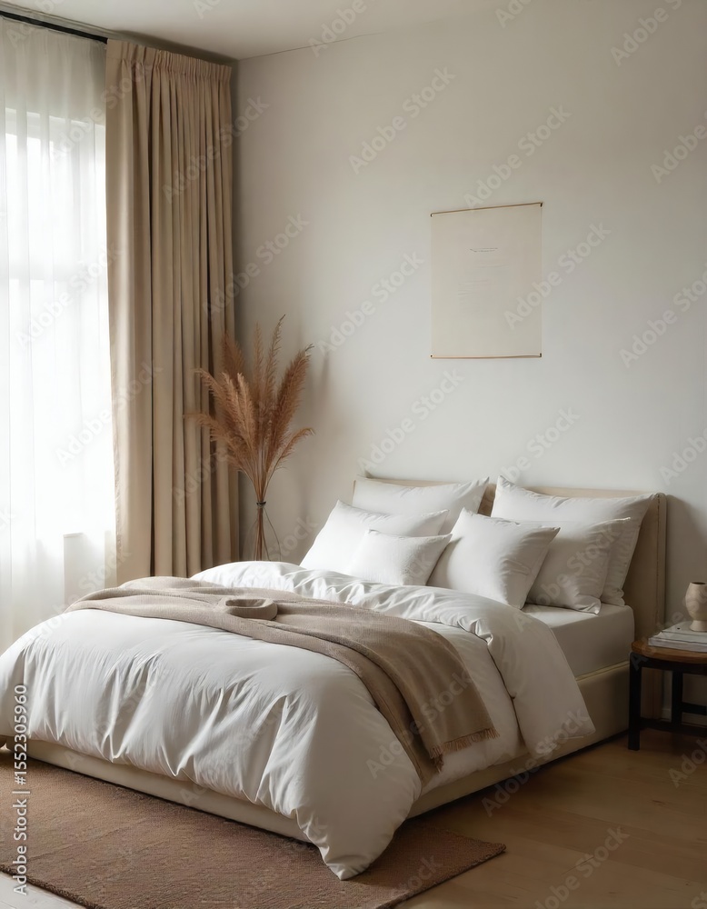 Fototapeta premium A comfortable and luxurious hotel bedroom interior with a stylish bed, soft pillows, and modern decor