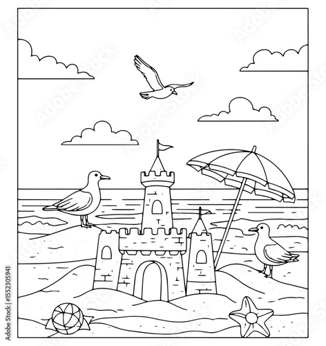 A Series for Alleviating Sadness and Treating Depression :
(80) Sandcastles on the Beach with Seagulls and Umbrellas (Line Art for Coloring)