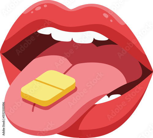 Open mouth with tongue holding yellow tablet vector illustration for health and medicine concept 