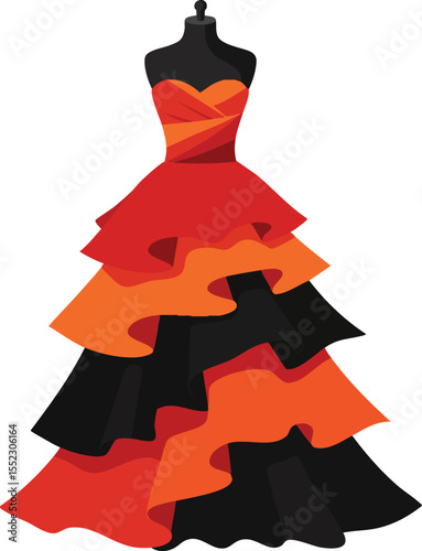 Flamenco style dress with layered ruffles in red orange and black vector illustration for dance costume design 