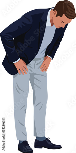 Man in navy blazer and gray pants bowing politely in formal attire vector illustration 