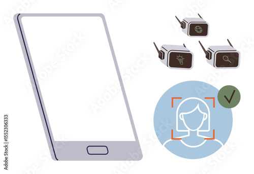 Smartphone with blank screen, face recognition verification icon, and wireless data concept. Ideal for technology, connectivity, identification, communication, AI, innovation simple flat metaphor
