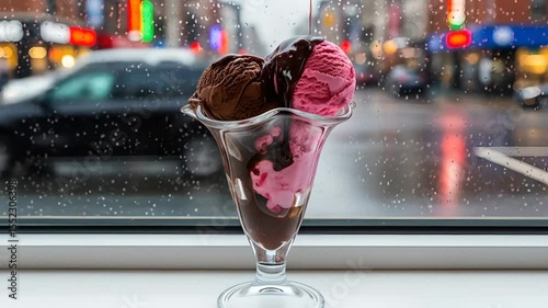Ice cream sundae dessert with chocolate syrup on rainy day background. Sweet treat, indulgence, comfort food, dessert shop promo, cozy cafe ambiance and culinary project.