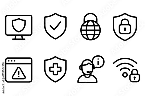 Cybersecurity icons set featuring shields, locks, and tech symbols, vector illustration