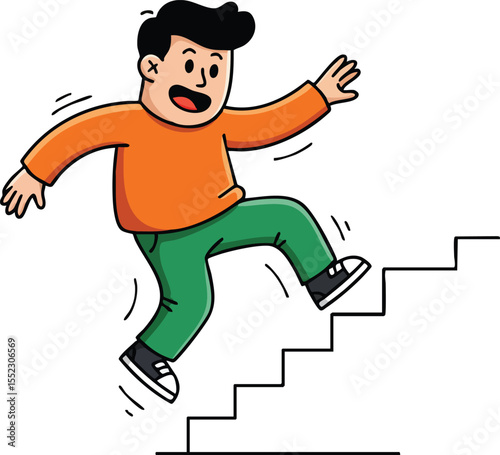 Boy in orange shirt and green pants happily jumping down stairs in cartoon style vector illustration 