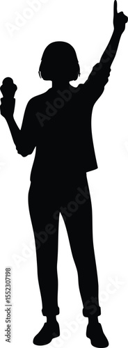 Woman holding microphone singing and pointing up silhouette vector illustration in black and white style 