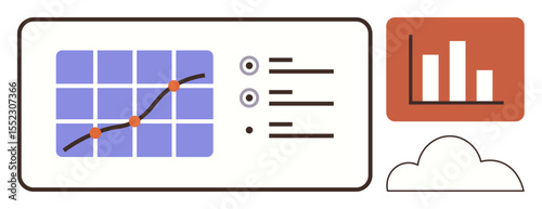 Line chart on grid panel tracks data changes, bar graph highlights comparative metrics, cloud platform. Ideal for analytics, trends, comparison, business insights, technology, finance simple flat