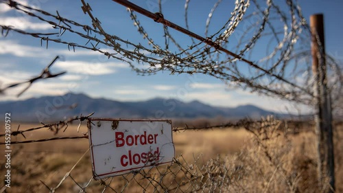Barbed Wire Fence with Closed Border Sign Stretching Across Rural Landscape under Blue Sky