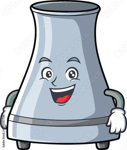 Humorous metallic blender appliance with smiling face and gloves vector illustration 