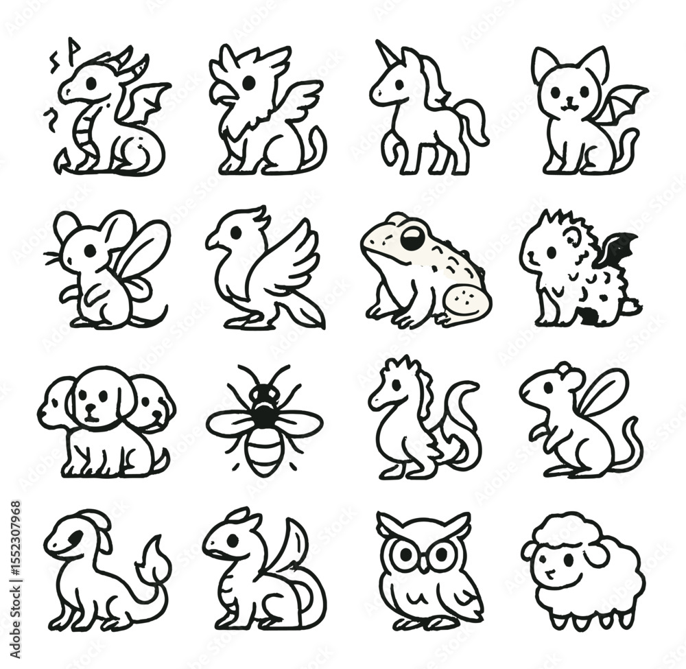 Obraz premium Miniature magical beasts icons in minimalistic line art : tiny dragon with runes, pocket-sized griffin, mini unicorn, bat-winged kitten, fae mouse, shrunken phoenix, scale-covered toadlet, imp