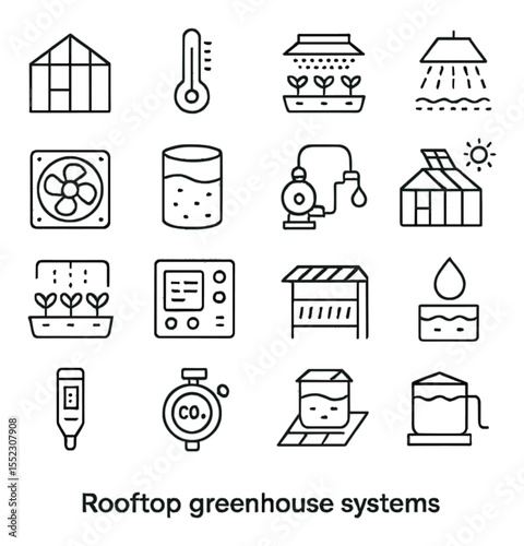 Rooftop greenhouse systems icons in minimalistic line art : glass greenhouse, temperature sensor, hydroponic shelf, LED grow light, ventilation fan, water reservoir, nutrient dosing pump,
