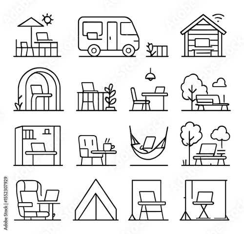 Flexible remote work zones icons in minimalistic line art : rooftop workspace, camper van desk setup, cozy cabin with Wi-Fi, beachside table with laptop, garden coworking pod, balcony workspace