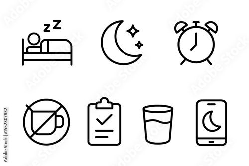Sleep and night routine icons featuring bed, moon, alarm clock, no coffee, checklist, water glass, and smartphone, vector illustration