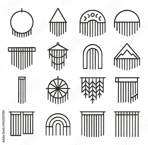 Macramé wall art shapes icons in minimalistic line art : circular hoop design, triangle hanger layout, moon phase arch, half-circle panel, horizontal driftwood rod, multi-tier cascade, arched