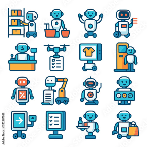 Retail robot assistant icons in modern flat vector in minimalistic vibrant color design: shelf restocking robot, shopping guide bot, customer greeting robot, smart pricing scanner, robotic