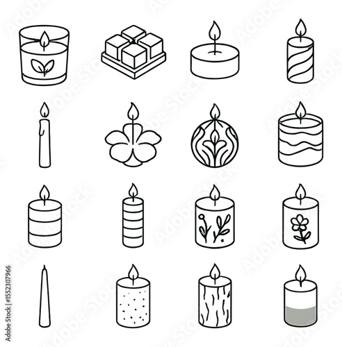Types of finished candles icons in minimalistic line art : scented glass candle, wax melt cubes, tea light in tin, pillar candle with swirl, taper candle with drip, floating flower candle,