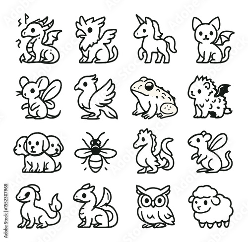 Miniature magical beasts icons in minimalistic line art : tiny dragon with runes, pocket-sized griffin, mini unicorn, bat-winged kitten, fae mouse, shrunken phoenix, scale-covered toadlet, imp
