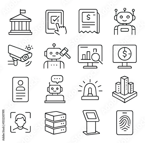 Smart governance icons in minimalistic line art : city hall building, e-voting device, digital tax form, public service robot, smart law enforcement camera, AI legal assistant, urban policy