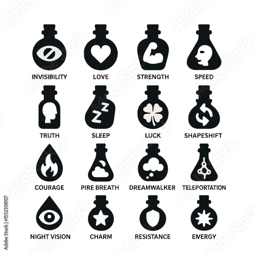 Effect-based potions icons in silhouette solid black-filled shapes with clean, simple : invisibility elixir, love potion, strength tonic, speed draught, truth serum, sleep mist, luck essence,