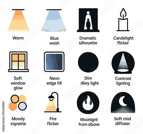 Mood and tone lighting icons in minimalistic line art : warm golden hue beam, cold blue wash, dramatic silhouette light, candlelight flicker source, soft window glow, neon edge fill, low key
