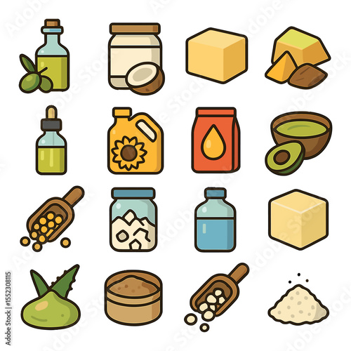 Soap base ingredients icons in modern flat vector in minimalistic vibrant color design: olive oil bottle, coconut oil jar, shea butter block, cocoa butter piece, castor oil bottle, sunflower