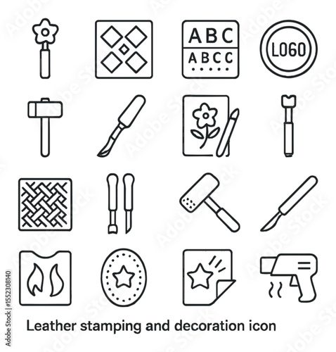 Leather stamping and decoration icons in minimalistic line art : floral stamp tool, geometric pattern plate, alphabet stamping set, custom logo die, stamping mallet, swivel knife with detail